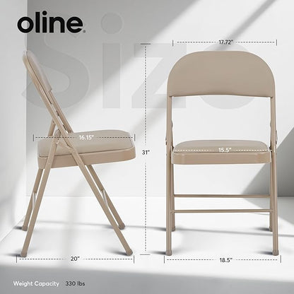 Oline Vinyl Folding Chairs, Padded Vinyl Cushion Chairs with Durable Metal Frame, Indoor Outdoor Stackable Foldable Guest Chairs for Office Wedding Kitchen Dining, 300lb Capacity (Khaki, 4 Pack)