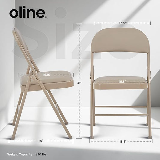 Oline Vinyl Folding Chairs, Padded Vinyl Cushion Chairs with Durable Metal Frame, Indoor Outdoor Stackable Foldable Guest Chairs for Office Wedding Kitchen Dining, 300lb Capacity (Khaki, 4 Pack)