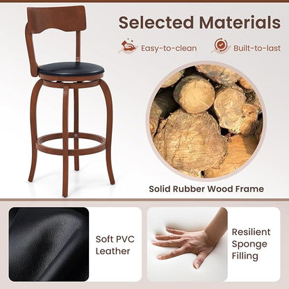 COSTWAY Bar Stools Set of 2, 29 Inch Swivel Bar Height Chairs with Rubber Wood Frame, Upholstered Seat, High Back Barstools for Kitchen Island, Home Bar, Pub, Brown (2, Seat Height: 29”)