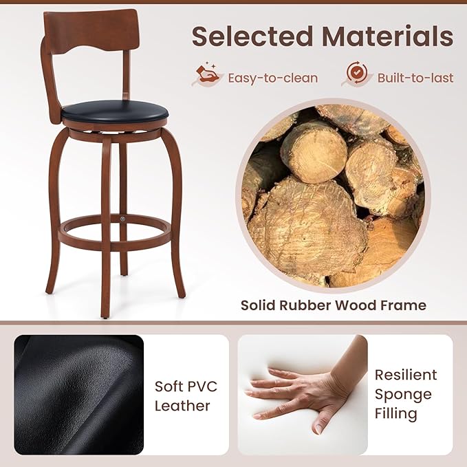 COSTWAY Bar Stools Set of 4, 29 Inch Swivel Bar Height Chairs with Rubber Wood Frame, Upholstered Seat, High Back Barstools for Kitchen Island, Home Bar, Pub, Brown (4, Seat Height: 29”)