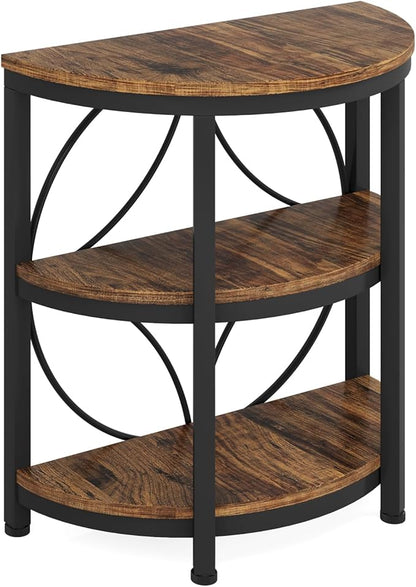 Tribesigns Half Round End Table for Living Room, 3-Tier Half Side Table with Metal Frame, Industrial Half Moon Table with Storage Shelves, Half Circle Accent Table for Entryway, Bedroom, Rustic Brown