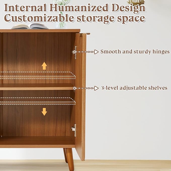 Fluted Storage Cabinet with Doors Set of 2, Wooden Sideboard Buffet Cabinet with Adjustable Shelves, Modern Accent Table for Living Room, Entryway, Brown