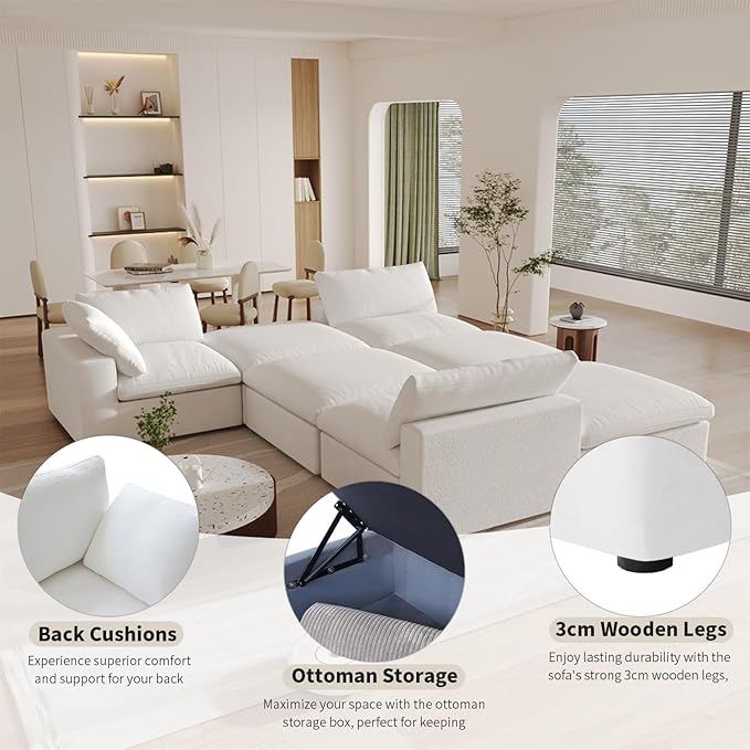 Cloud Modular Sectional Sofa Couch,Oversized Couch 6 Seater for Living Room,160.6" V Shaped Convertible Couches with Storage Ottoman, Covers Washable&Replaceable,White