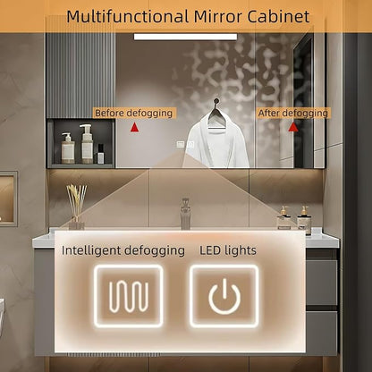 44IN Suspended Bathroom Cabinet Combo Set - Fully Functional LED Mirror with Smart Defogging & Time Display | Bathroom Vanity with Sink,Side Cabinet Storage Compartment (Style A)