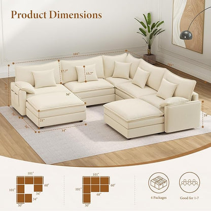 Vesgantti 108" V-Shaped Corner Couch Sectional, 7 Seat Customizable Modular Cloud Couches with Movable Ottoman, Chenille Deep Seat Sofa Set with Chaise for Living Room, Bedroom and Apartment, Beige