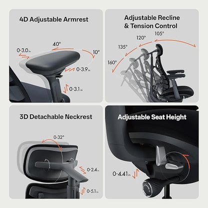 LiberNovo Dynamic Ergonomic Office Chair - Comfy Adjustable Desk Chair with Adaptive Lumbar Support, 160° Recline & Built-in Spine Stretch for Back Comfort, Home Office Long Hours Use, Black+45cm