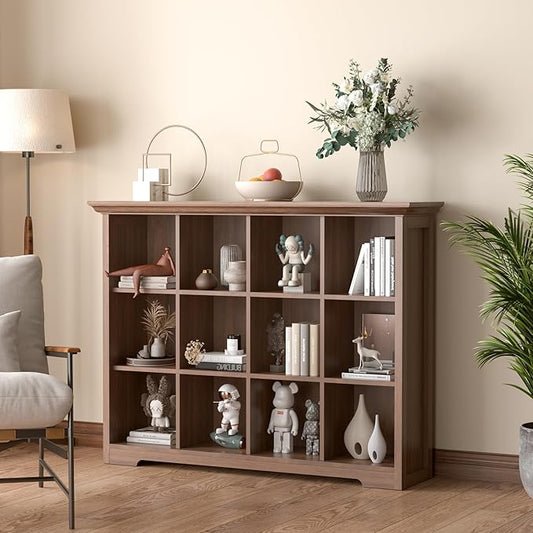 Cube Shelf Bookcase with Base - Wooden 3 Tiers Floor Standing Low Storage Cabinet for Home and Office, 12-Cube Lattice Bookshelf, Walnut