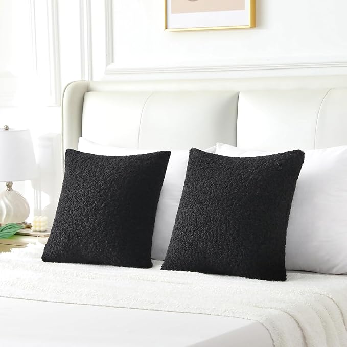 FUTEI Black Throw Pillow Covers 16x16 Inch Set of 2,Furry Faux Fur Teddy Boucle Textured Cushion Covers,Soft Fluffy Decorative Pillow Case,Home Decor for Couch Bed Living Room Office Car