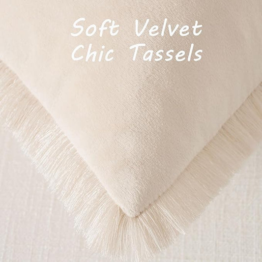 FUTEI Beige Velvet Decorative Throw Pillow Covers 22x22 Set of 2,Soft Cozy Edge with Tassels Cushion Case,Boho Modern Home Decor for Couch Bed Living Room