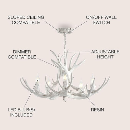 JONATHAN Y JYL6300B Eldora 30" Adjustable Resin Antler 5-Light LED Chandelier, Glam, Rustic,Cottage,Transitional, Dimmable Dining Room, Living Room, Kitchen, Foyer, Bedroom, White