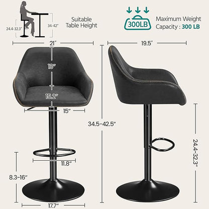 Yaheetech Bar Stools Set of 2, PU Leather Swivel Counter Height Barstools, Adjustable Bar Chairs with Backrest and Footrest, Kitchen Island Stool for Home Kitchen, Black