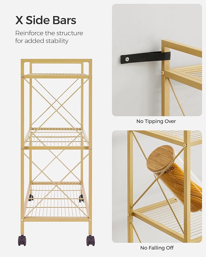 SONGMICS 3-Tier Metal Storage Rack with Wheels, Mesh Shelving Unit with X Side Frames, 31.5-Inch Width, for Entryway, Kitchen, Living Room, Bathroom, Industrial Style, Metallic Gold UBSC183A01