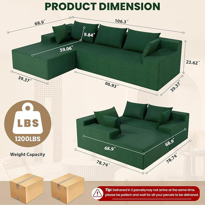 LEVELEVE 107" Cloud Sectional Couch with Deep Seat，Modern Modular Sofa with L-Shape Chaise，No Assembly Required, Upholstered Couches for Living Room Bedroom(Green,Left Facing Chaise)