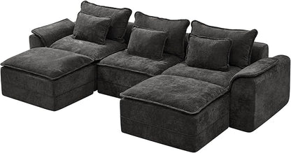 Hobestluk 120" Cloud Modular Sectional Couch 3-Seater Sofa with Ottomans U Shaped Couch Deep Seat Sofa with Removable Cover Large Sofa for Living Room (Dark Grey, 3-Seater Sofa with Two Ottomans)