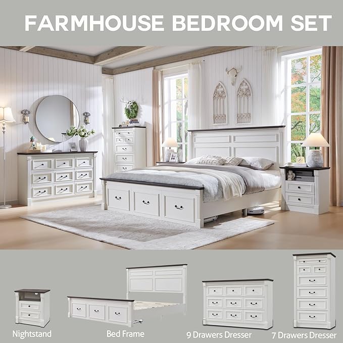26" Tall 2 Drawers Dresser for Bedroom, Farmhouse 23.6" Wide Large Nightstand with Charging Station, Wood Rustic Side Table w/Roman Column, End Table for Bedroom, Living Room, White