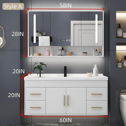 60IN Modern Bathroom Vanity - LED Intelligent Mirror Cabinet Includes Time Display & Defogging | Bathroom Cabinet with Sink & Open Storage Compartments, Ceramic Washbasin, 4 Drawers (Style A)