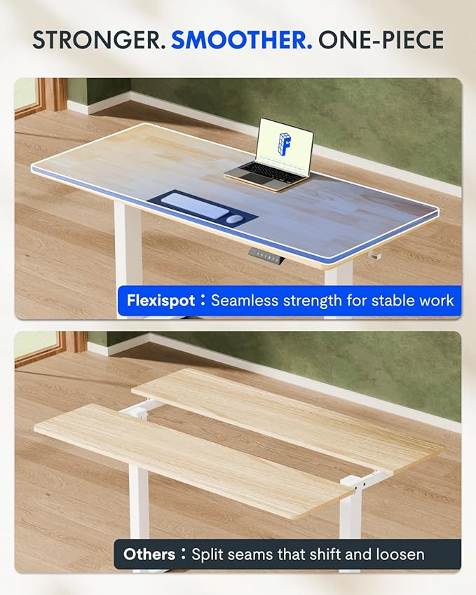 FLEXISPOT EN1 One-Piece Solid Wooden Standing Desk 63 x 24 Inches Height Adjustable Electric Sit Stand Home Office Desks (White Frame + Rubber Wood Top, 2 Packages)