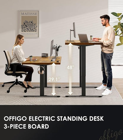 OffiGo Electric Standing Desk with 3-Piece Board, 71 Inch Height Adjustable Large Desk with Power Outlets, Sit Stand Table, Writing Computer Desk for Home, Office, Workstation, Rustic Brown