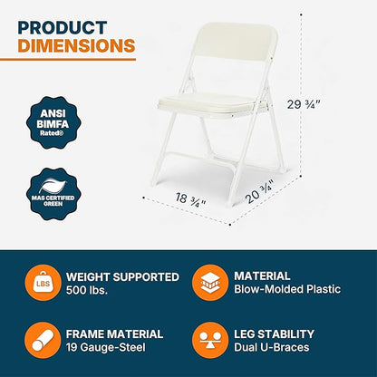 OEF Furnishings OEF800 Series Premium Heavy-Duty Plastic Folding Chairs, Lightweight, Durable Seating for Indoor and Outdoor Use, 500 lb Capacity (4-Pack, Ivory Plastic with White Frame)
