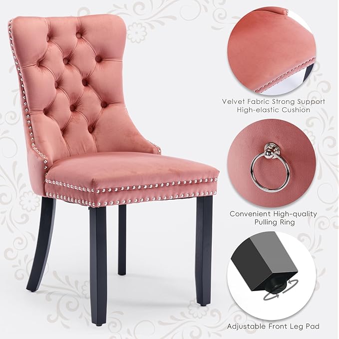 Velvet Upholstered Dining Chairs Set of 6, Modern Style Kitchen Side Chairs with Nailhead Trim and Wood Legs,Metal Pulling Ring for Dining Room Living Room(Pink)