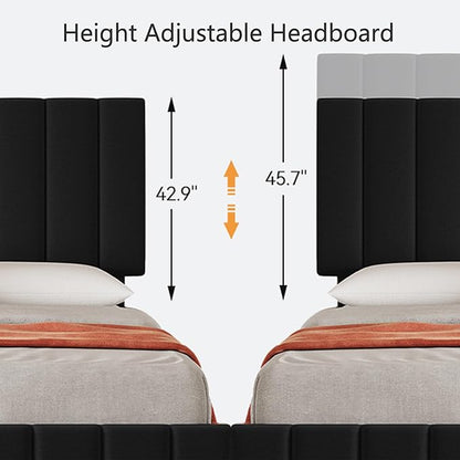 Garvee Full Size Bed Frame with 4 Storage Drawers, Adjustable Height Headboard, Linen Upholstered Platform Bed Frame, No Box Spring Needed, Easy Assembly, Black