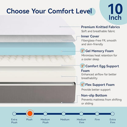 Amazon Basics Memory Foam Mattress, Soft Plush Feel, 10 Inch, Twin, White/Grey
