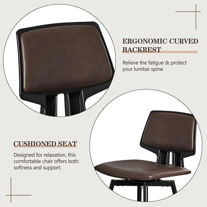 VECELO Swivel Leather Bar Stools Set of 4, Counter Height Barstools with Back, Metal Legs, 35.2-Inch Tall Barstools for Kitchen Island, Home Bar, Cafe, Brown