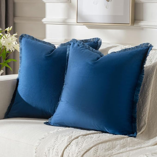 FUTEI Navy Blue Velvet Decorative Throw Pillow Covers 20x20 Set of 2,Soft Cozy Edge with Tassels Cushion Case,Boho Modern Home Decor for Couch Bed Living Room