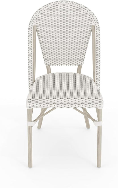 Martha Stewart Lily Pond Indoor-Outdoor Stackable Aluminum Bistro Chair with Gray Woodgrain Frame Finish and White/Gray Woven Rattan Backrest and Seat