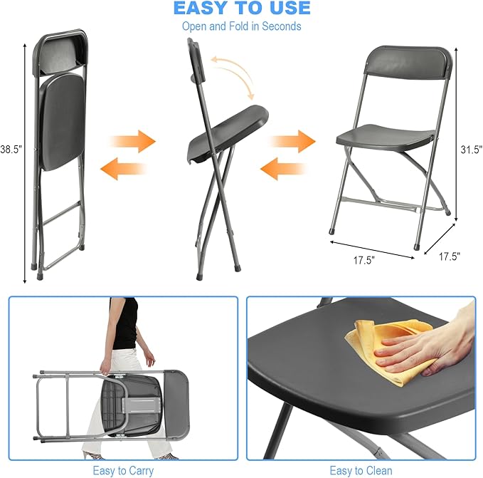 20 Pack Plastic Folding Chairs, Portable Party Chairs, Stackable Commercial Seats with Steel Frame for Home Office Wedding Party Indoor Outdoor Events Chairs, 350lbs Capacity,Gray