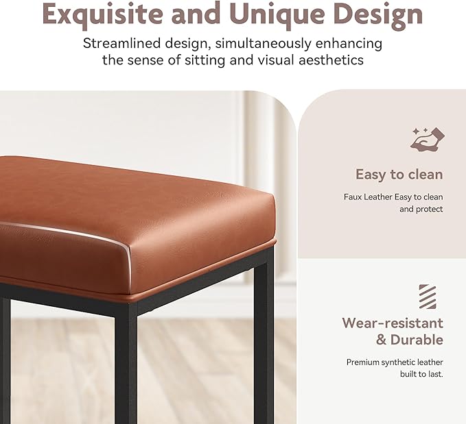 ALPHA HOME 24 Inch Counter Height Bar Stools Set of 2, Upholstered Bar Stools for Kitchen Island, Counter Stools with Faux Leather Cushion and Sturdy Metal Frame, Modern Barstools, Caramel