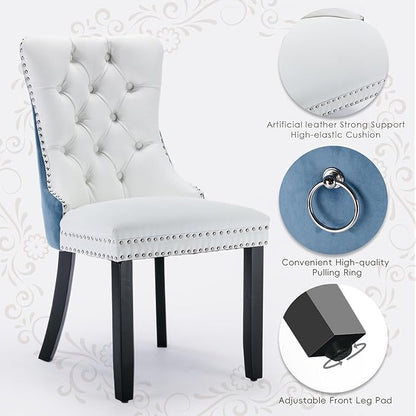 Leather Upholstered Dining Chairs Set of 4, Modern Style Kitchen Side Chairs with Nailhead Trim and Wood Leg, Metal Pulling Ring for Dining Room Living Room(White&Blue,Set of 4)