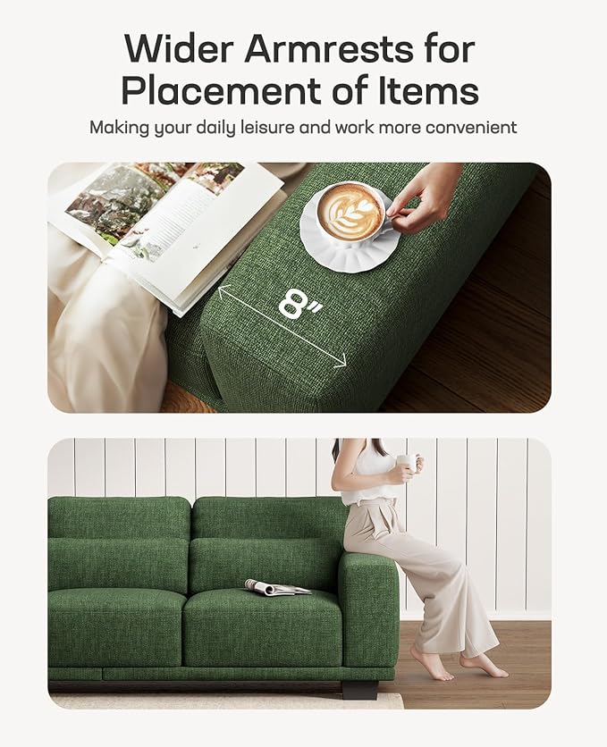 Marsail Modern 89 Inch Linen Fabric Sofa, 3-Seater Couch with Wide Armrests, Deep Cushions & Removable Washable Covers, Comfortable Living Room Furniture, Green