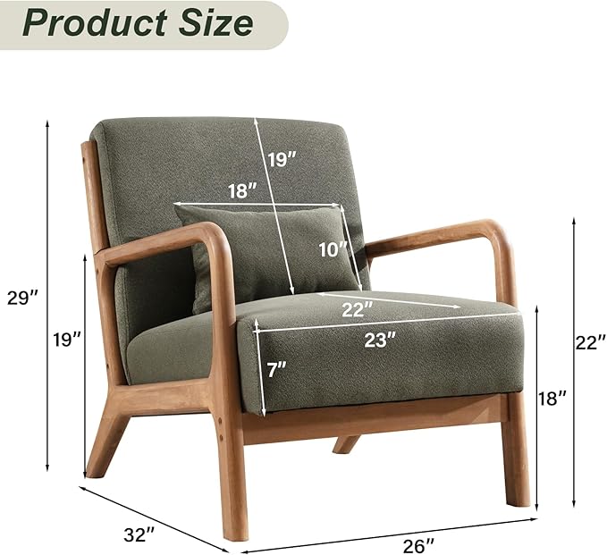 Accent Chair Mid Century Modern Chair Linen Fabric Living Room Chairs with Solid Wood Frame Comfy Upholstered and Lumbar Pillow Reading Side Chair Easy Assembly for Bedroom Room (2, Linen Green)