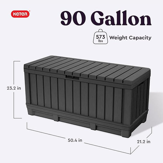 Keter Kentwood 92 Gallon Resin Deck Box-Organization and Storage for Patio Furniture Outdoor Cushions, Throw Pillows, Garden Tools and Pool Floats, Dark Grey