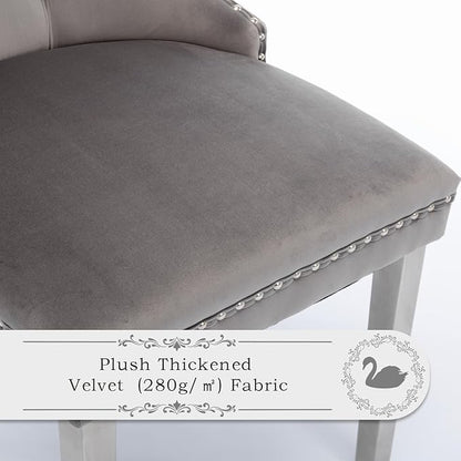 Velvet Upholstered Dining Chairs Set of 2, Modern Style Kitchen Side Chairs with Nailhead Trim and Silver Plated Leg, Metal Pulling Ring for Dining Room Living Room(Gery-Silver Plated Leg)