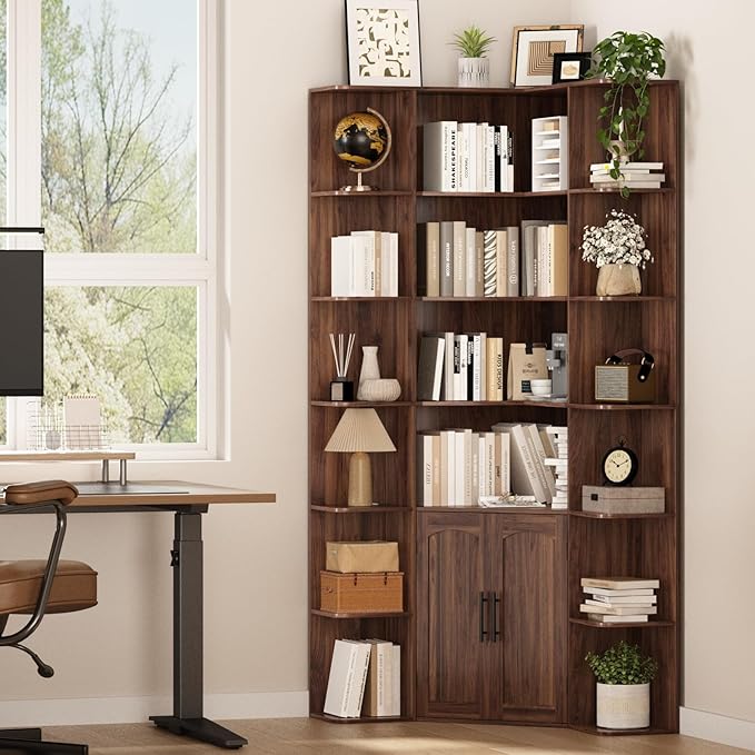 74" Tall Corner Bookshelf with 2 Arched Doors, 6-Tire L Shaped Bookcase with 16 Open Storage Shelves, Rustic Large Corner Shelf with Cabinet for Living Room, Home Office