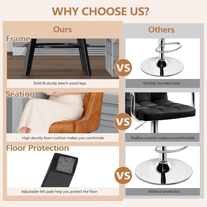 MINCETA Bar Stool, PU Leather Barstool, 30 Inch Upholstered Counter Stool with Low Tufted Back and Footrest, Swivel Counter Height Barstool for Kitchen Island Home Bar Khaki