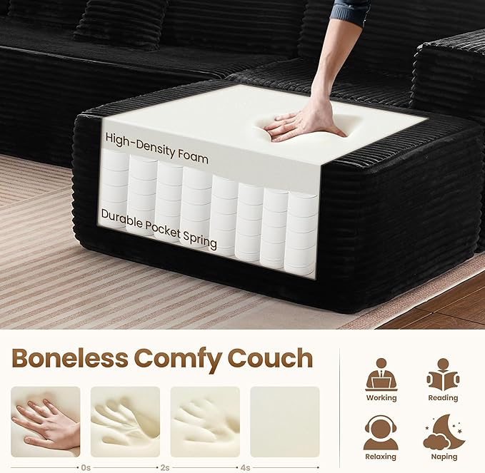 Cloud Sectional Couch with Loveseat, Boneless U-Shaped Cloud Couch with Deep Seat, Soft Plush Modern Minimalist Sofa, Assembly Free Modular Floor Sofa for Office Living Room Apartment, Black