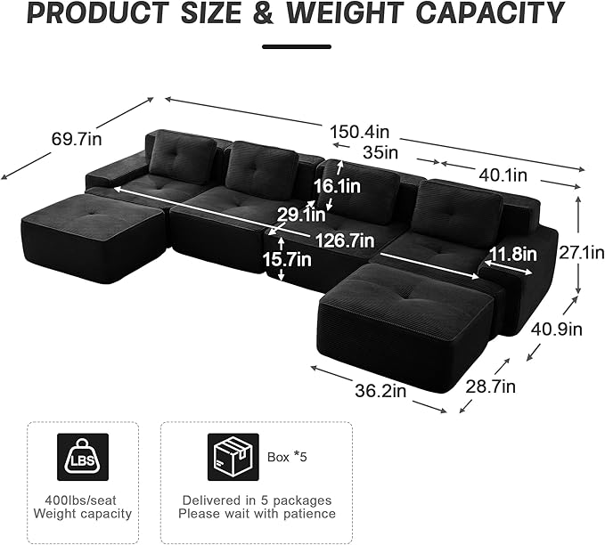 150.4” Black Boneless Couches for Living Room, Modular Sectional Sofa with U-Shape Chaise, 4 Seater Comfy Upholstered Deep Seat Corduroy Fabric Cloud Couch No Assembly, Anti-Slip Design