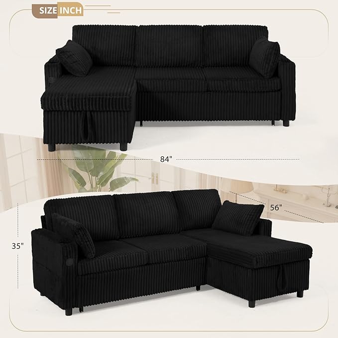 84" Corduroy Pull Out Sofa Bed w/Adjustable Backrests, Sectional L-Shape Sleeper Sofa w/Storage Chaise, Convertible Couch Bed w/USB Charging Port & Cup Holders for Living Room, House, Black