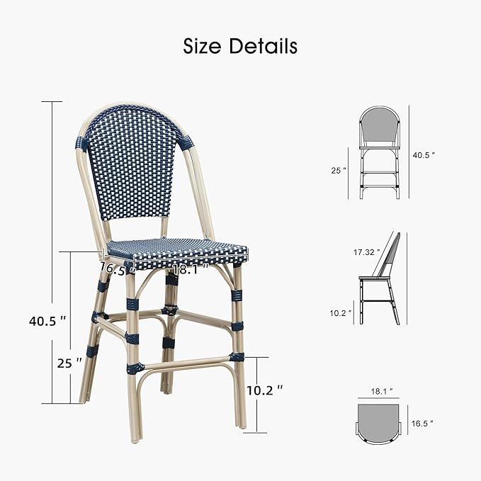 PURPLE LEAF French Counter Height Bar Stool Set of 2 25" White Print Finish Patio Bar Chairs with Back Rattan Bar Chairs French Bistro Set for Kitchen Outdoor Counter Stool Royal Blue