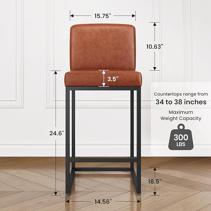 PHI VILLA Brown Bar Stools Set of 6, Counter Height Bar Stool Faux Leather Barstools with Back, 24 inch Kitchen Bar Chairs