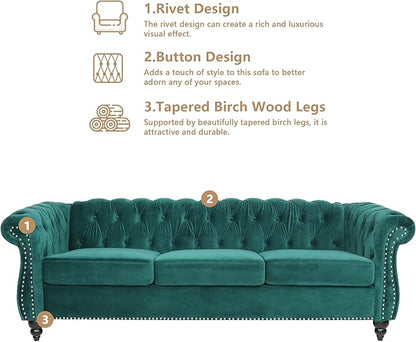 Chesterfield 3 Seater Sofa, Modern Velvet Tufted Couch 3 Seater with Rolled Arms and Nailhead Mid-Century Upholstered Couch for Living Room, Bedroom, Apartment and Office, Green