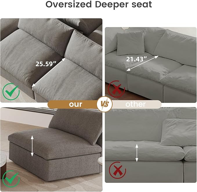 Cloud Modular Sectional Sofa,160" Down Filled Comfort Sofa Couch for Living Room,4 Seater Couches for Livingroon Apartment,Sofa Cover Washable and Replaceable,Grey