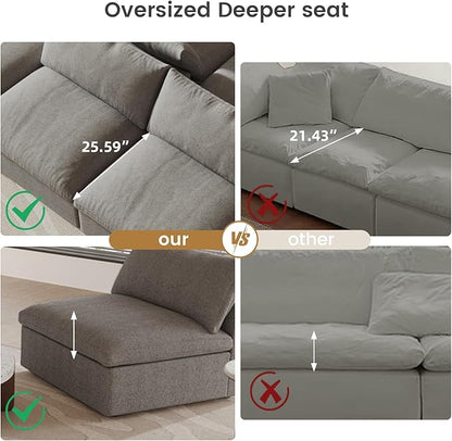 Cloud Modular Sectional Sofa,160" Oversized U Shaped Sofa Couch with Storage Ottoman,8 Seater Sofa Wide Deep Seat Couches,Sofa Covers Washable&Replaceable,Grey
