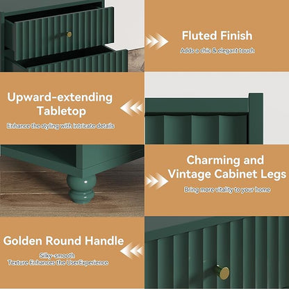 Modern Nightstand, Fluted End Table with 2 Drawers, Nightstand with Open Shelf for Bedroom (1, Green)