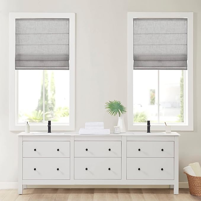 Madison Park Kyler Cordless Roman Shades - Single Panel, Lightweight Linen Blend Fabric, Natural Design, Easy Installation, Light Filtering Window Blind, Bedroom, Living Room Decor 35" W x 64" H Grey