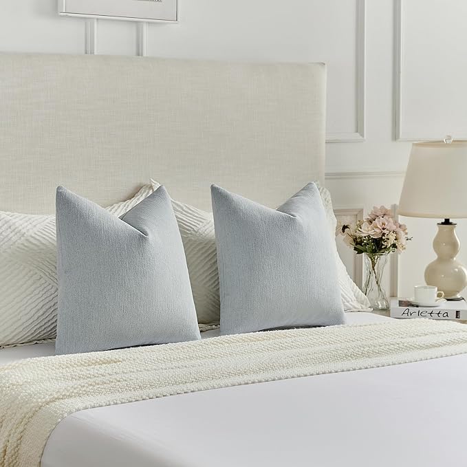 FUTEI Dusty Blue Chenille Decorative Throw Pillow Covers 18x18 Inch Set of 2,Soft Cozy Faux Linen Textured Cushion Case,Farmhouse Home Decor for Couch Living Room