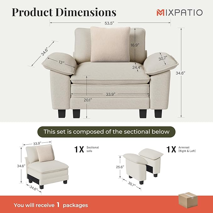 53.5" Cloud Modular Sectional Single Sofa, Deep Seat Armchair with Plush Chenille & Removable Arms for Living Room, Beige